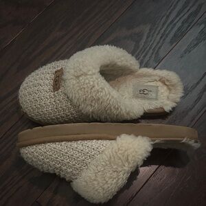 UGG Beige Knit Slippers with Plush Lining